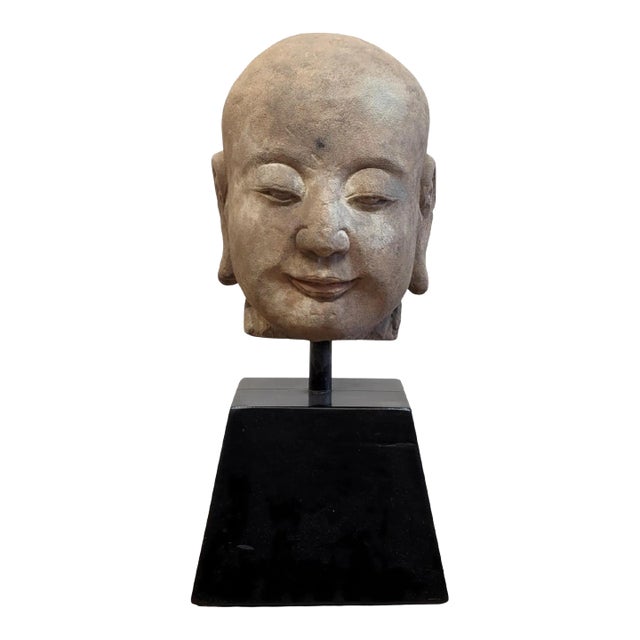 Antique Buddhist Head Sculpture Sandstone For Sale