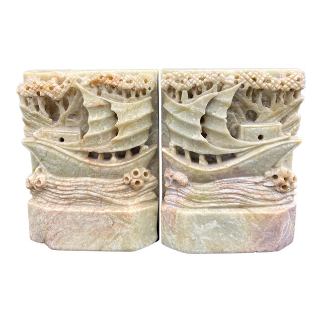 Vintage/Antique Soapstone Hand Carved Mirroring Chinese Bookends Ships Nautical For Sale