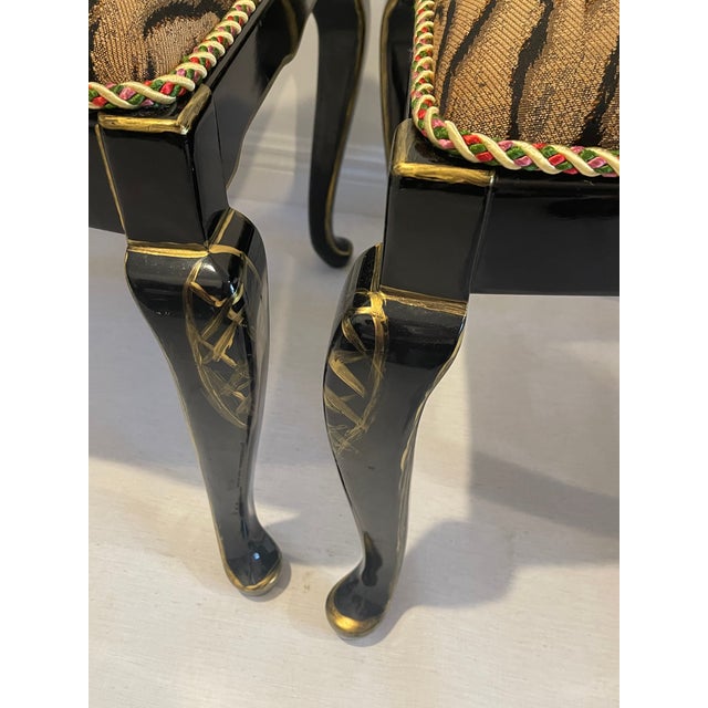 Gorgeous Regency Mid 20th Century Set of 4 Dining Chairs Black Lacquer TigerBrocade For Sale - Image 13 of 14