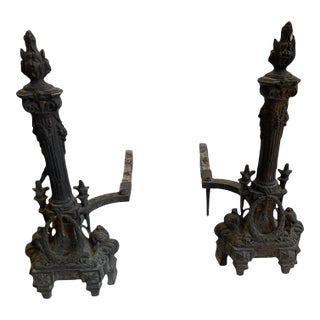 Mid 18th Century Victorian Western Europe Cast Iron Large Fire Dogs - a Pair For Sale