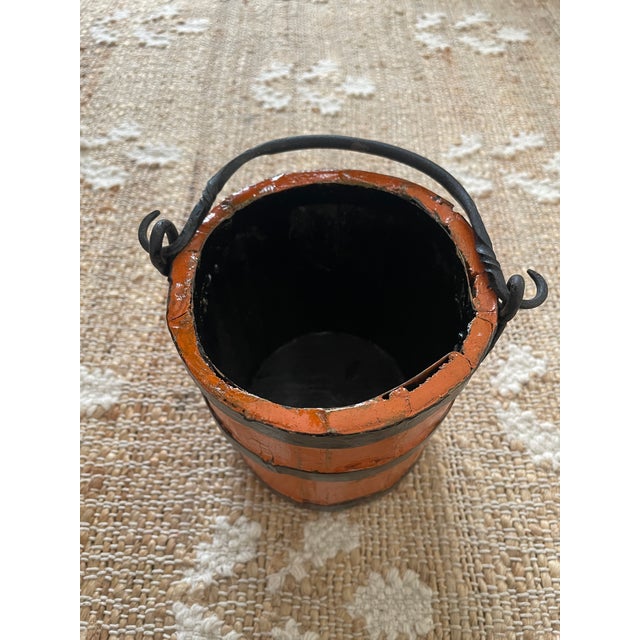 1900 - 1909 Antique Primitive Wooden Forged Iron Rice Berry Bucket Orange For Sale - Image 5 of 9