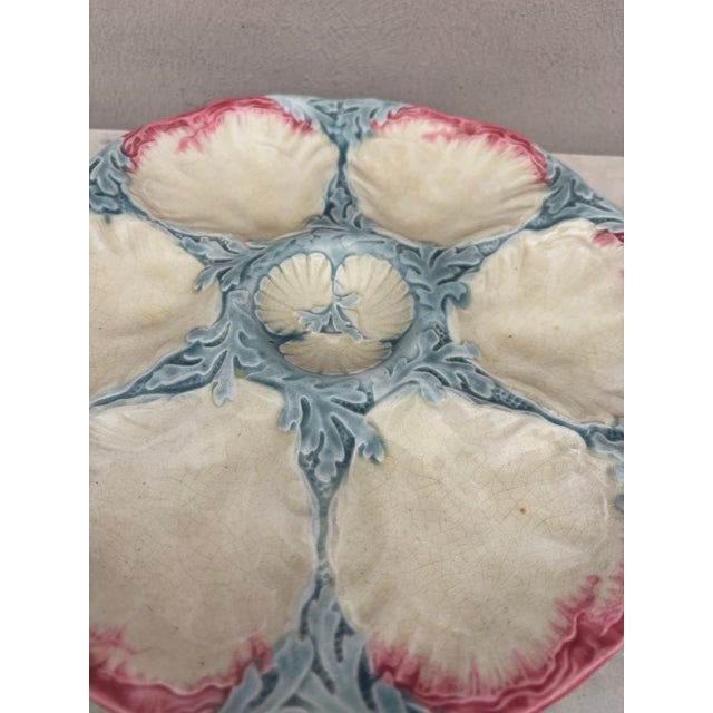 Rare 19th century Majolica oyster plate with pastels colors, shells and seaweeds Gien.