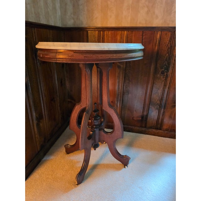 Victorian Antique Victorian Renaissance Revival Walnut Oval Marble-Top Parlor Table For Sale - Image 3 of 8