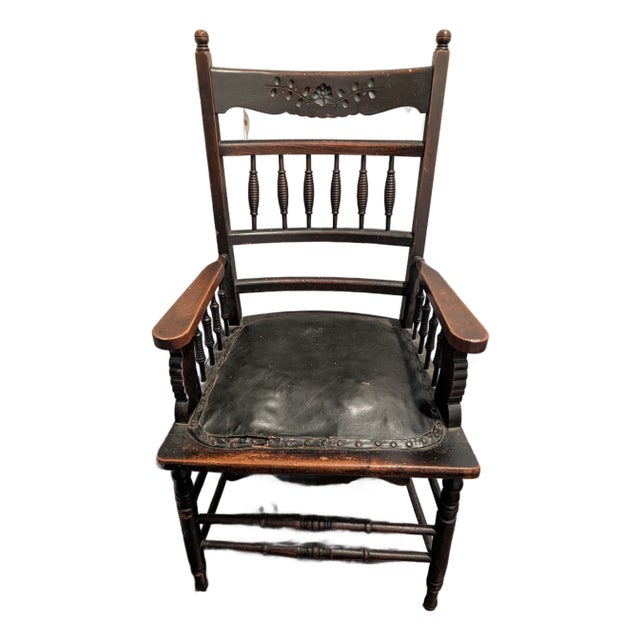 Antique Victorian Eastlake Style Spindle Armchair With Leather Seat For Sale
