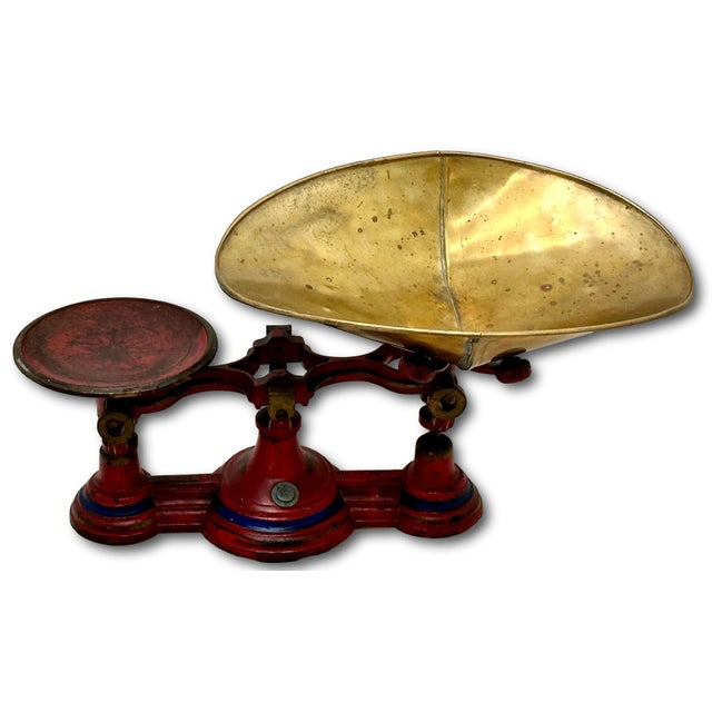 Nice Antique American Victorian Cast Iron & Brass Small Size Kitchen Scale With Excellent Original Red & Blue Paint For Sale - Image 4 of 18