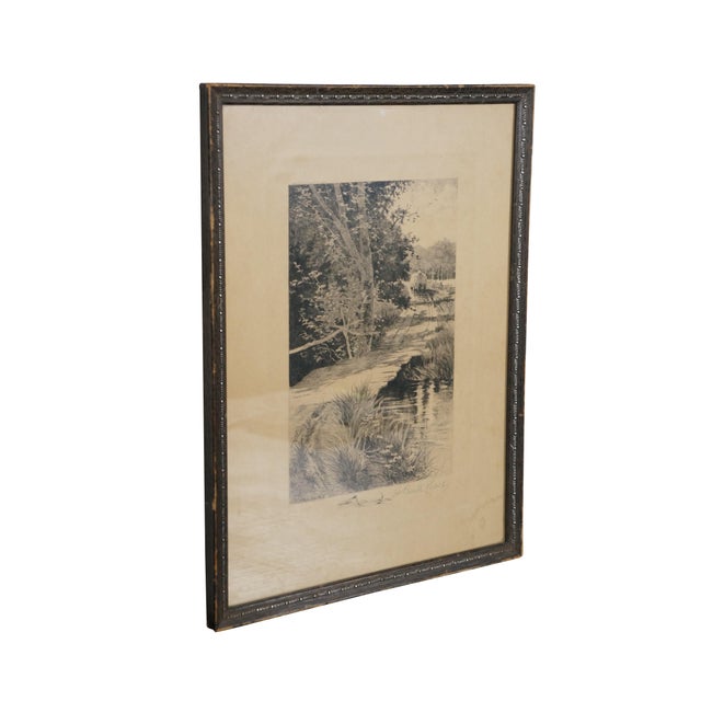 Late 19th century black and white etching by Henry Pruett Share. Landscape of a tree edged country road with a hay wagon...