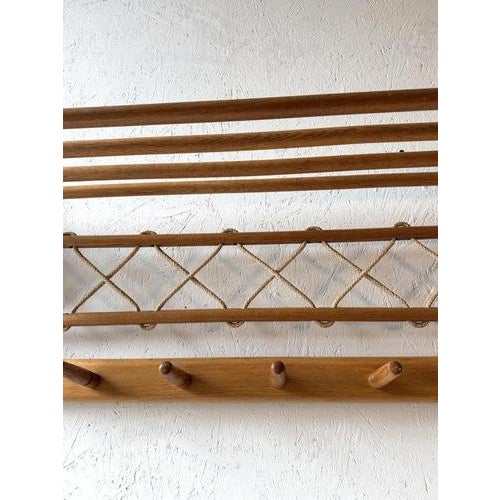 Mid 20th Century Vintage Oak Wall Coat Rack with Braided Cord, 1960s For Sale - Image 5 of 9