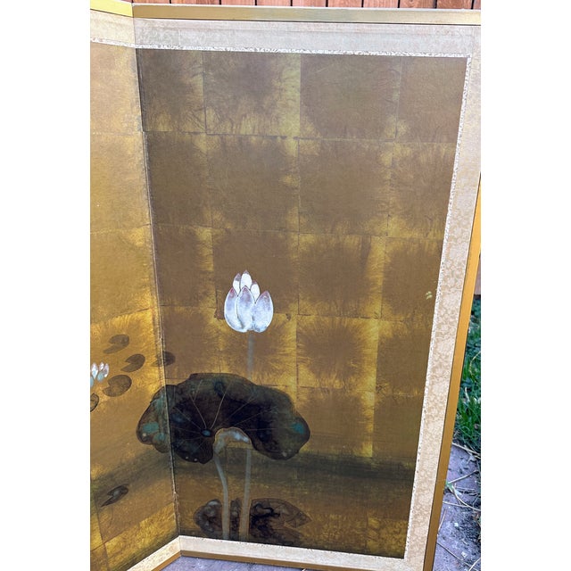 Vintage Japanese Byobu With Painted Lotus Flowers 4 Panels Folding Screen For Sale - Image 12 of 16