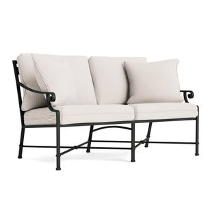 Brown Jordan Venetian Loveseat in Black Jade with Dusty Pink Stripe Cushions For Sale