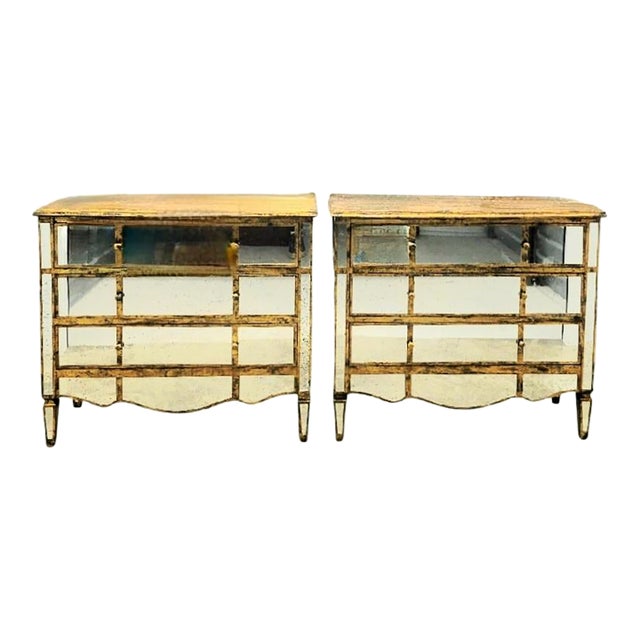Oversized Mirrored Scalloped Edge Gold Leaf French Style 3 Drawer Chests Commodes- A Pair For Sale