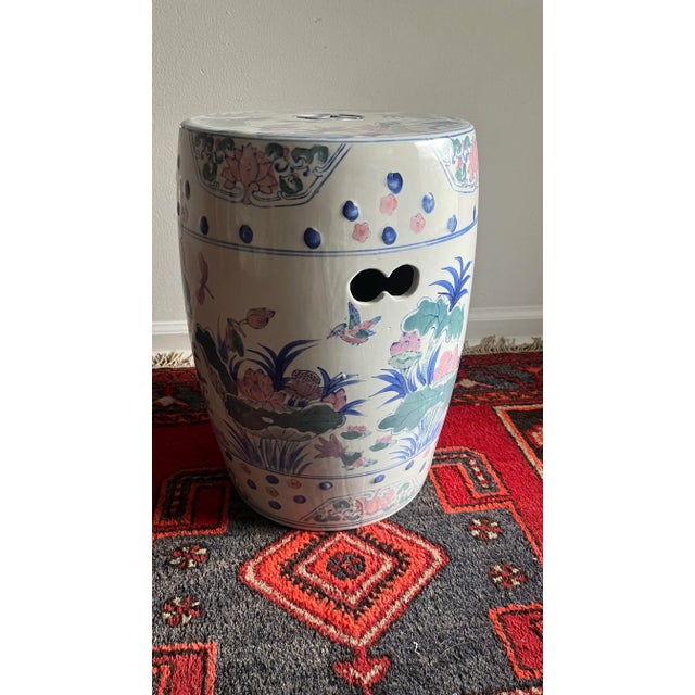 Late 20th Century Garden Stool Chinoiserie Pastel Ceramic Pink Lotus For Sale - Image 4 of 10