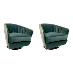 Caracole Modern Channeled Teal Velvet Concentric Swivel Chairs Pair