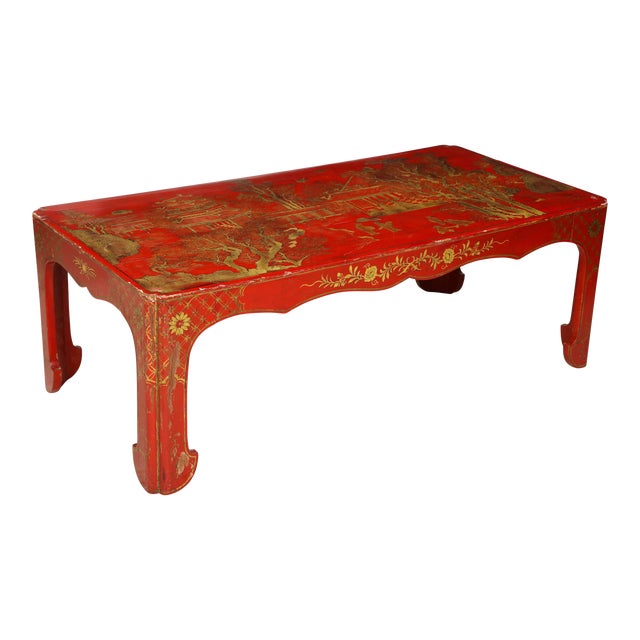 Vintage Hand Painted Red Lacquered Chinoiserie Cocktail/Coffee Table For Sale