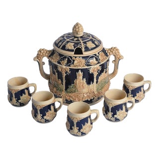 Vintage German Castle Stoneware Punchbowl Tureen Set With 5 Mugs - Ww Germany - 6 Pieces For Sale