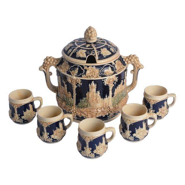 Vintage German Castle Stoneware Punchbowl Tureen Set With 5 Mugs - Ww Germany - 6 Pieces For Sale