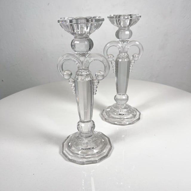 AMBIANIC presents Elegant Pair of Crystal-Clear Lead Faceted Ornate Candle Holders Lovely scalloped fleur de lis. 3.5...