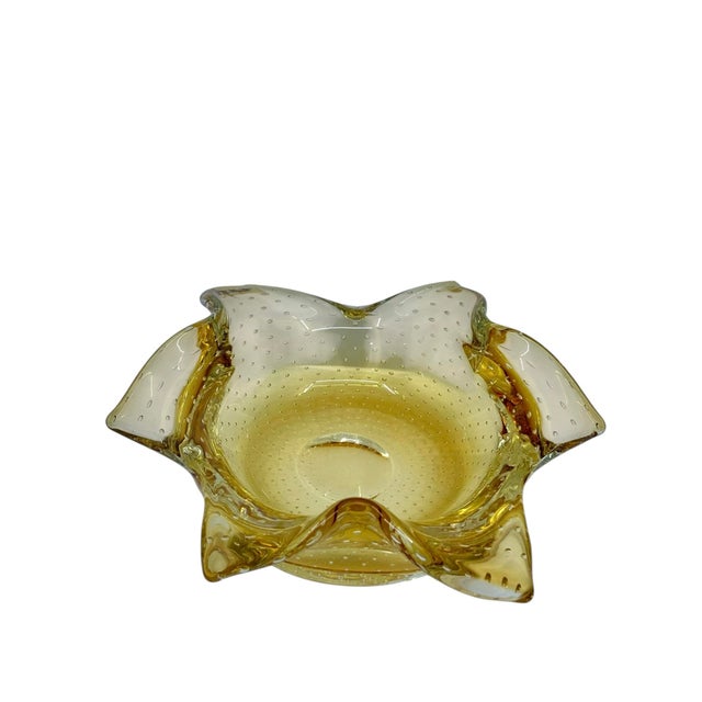 Glass Vintage Murano Bullicante Controlled Bubble Art Glass Amber Yellow Ashtray/ Catchall For Sale - Image 7 of 10