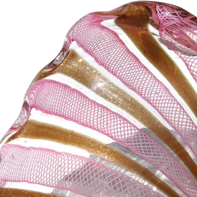 Mid-Century Modern Vintage Murano Fratelli Toso Pink White Copper Aventurine Ribbons Italian Large Art Glass Bowl For Sale - Image 3 of 8