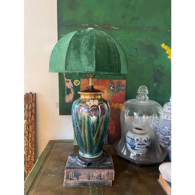 Early 20th Century Vintage Enamel Painted Iris Lamp For Sale - Image 5 of 10
