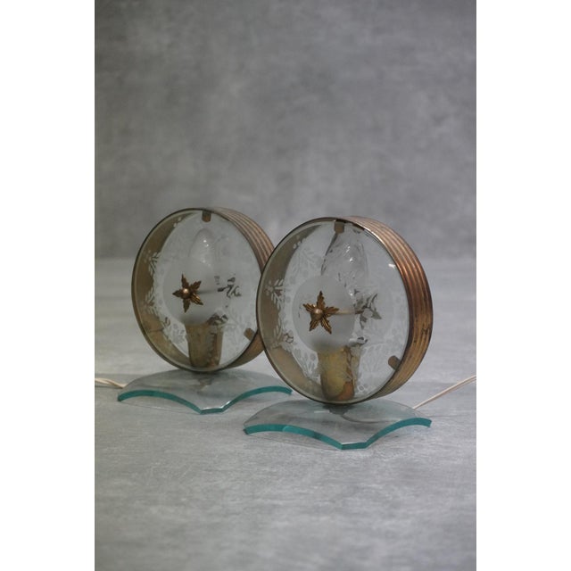 Mid-Century Modern Mid-Century Italian Brass and Engraved Glass Table Lamps, 1940s, Set of 2 For Sale - Image 3 of 8