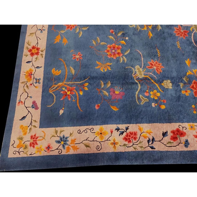 Textile 1920s Royal Blue Floral Antique Chinese Art Deco Rug 6'0" X 8'9" Knotted Wool Carpet For Sale - Image 7 of 9