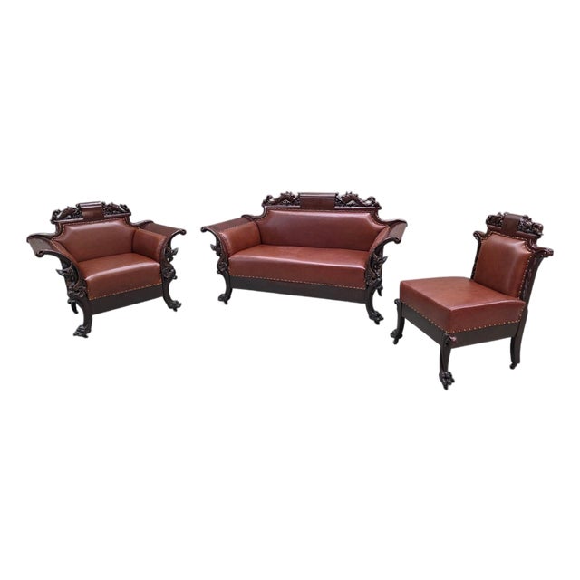 Antique American Renaissance Revival Carved Walnut Parlor Suite Newly Upholstered – Set of 3 For Sale