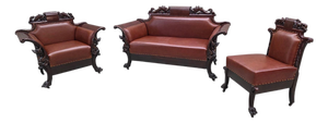 Antique American Renaissance Revival Carved Walnut Parlor Suite Newly Upholstered – Set of 3