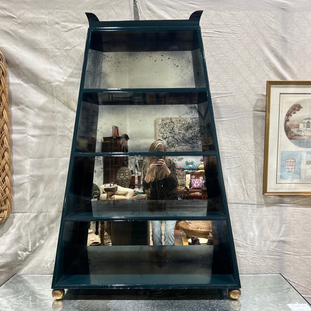 Green Custom Designer High Gloss Green Lacquered and Aged Mirror Backed Pagoda Form Display Etagere For Sale - Image 8 of 10