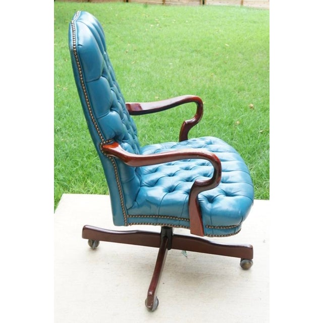 English Regency Style Tufted Blue Leather Executive Office Chair A handsome vintage English Regency-style executive office...