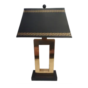 Vintage Frederick Cooper Style Gold Brass Modern Rectangular Black Greek Key Table Lamp