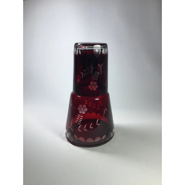 Vintage Bohemian Ruby to Clear Cut Glass Bedside Water Crafe and Drinking Glass Set- 2 Pieces For Sale In Greensboro - Image 6 of 7