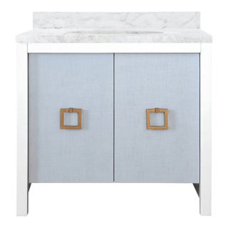 Matthew Izzo Home April Single Sink Bath Vanity - Light Blue Linen With Matte White Lacquer and Antique Brass Hardware For Sale