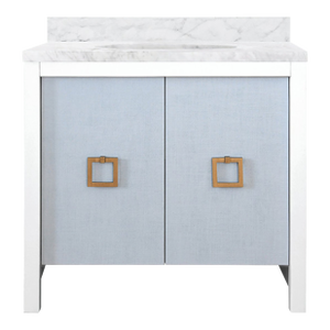 Matthew Izzo Home April Single Sink Bath Vanity - Light Blue Linen With Matte White Lacquer and Antique Brass Hardware