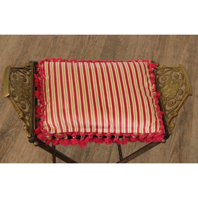Red 1920s Art Deco Period Wrought Iron & Brass X Base Bench For Sale - Image 8 of 13