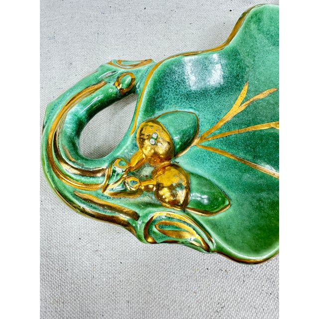 Mid-Century Modern 1950s Signed Handmade Majolica Style Green Leaf Serving Dish With Gold Trim For Sale - Image 3 of 8