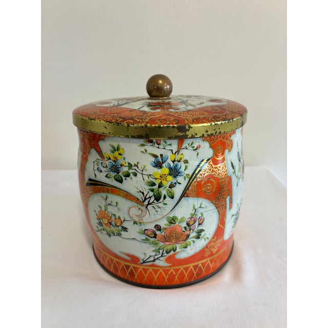 Mid-Century Modern Vintage Daher Chinoiserie Floral Tin With Brass Knob Lid, England For Sale - Image 3 of 10