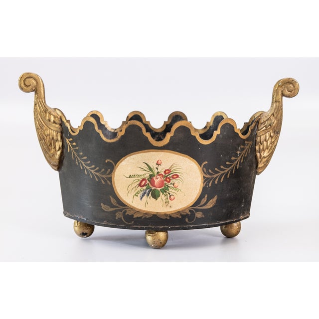 Antique Neoclassical French Tole Black and Gilt Cache Pot Jardiniere For Sale - Image 10 of 10