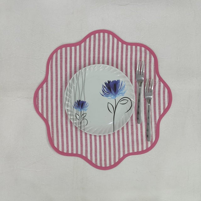 Handmade Round Scalloped Pink and White Striped Placemats with Pink Trim - Set of 4 For Sale - Image 4 of 6