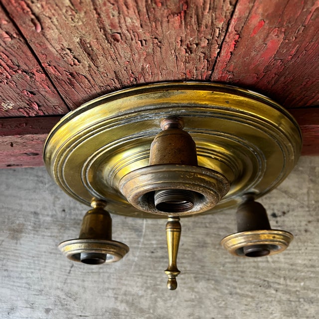 Vintage Brass 3-Arm Chandelier Base With Patina Finish 12" Diameter Intricate Design For Sale - Image 12 of 17