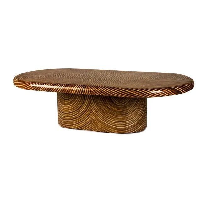 Wood Rattan Ribbon Oval Coffee Table, Light and Medium Brown - Showtime by Oggetti For Sale - Image 7 of 7