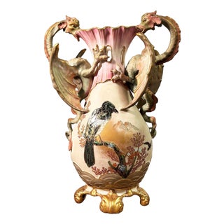 Late 19th Century Victorian Dragon Handle Ceramic Vase W/ Hand Painted Corvus by Alfred Stellmacher For Sale