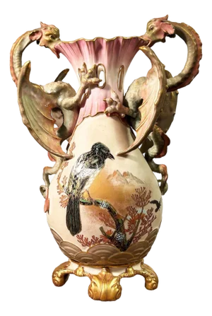 Late 19th Century Victorian Dragon Handle Ceramic Vase W/ Hand Painted Corvus by Alfred Stellmacher