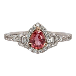 0.52cts Padparadscha Sapphire Ring W Natural Diamonds in 14k Gold | Pear 6x4.5mm, Size 6.75 For Sale