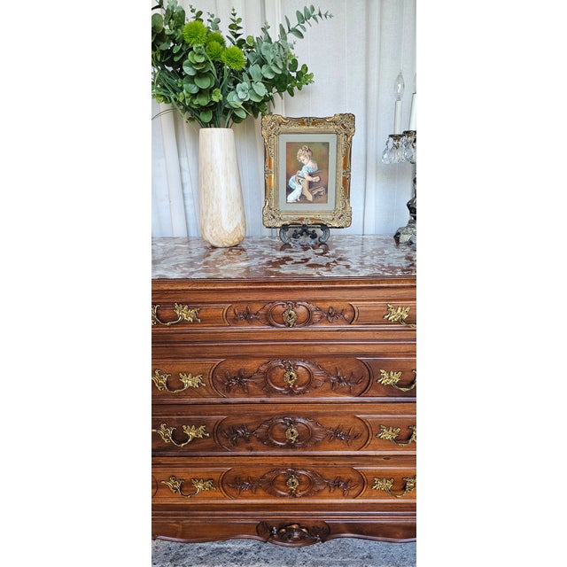 Wood Late 19th Century Walnut Commode Chest, French Louis XV Style. Marble-Top For Sale - Image 7 of 18