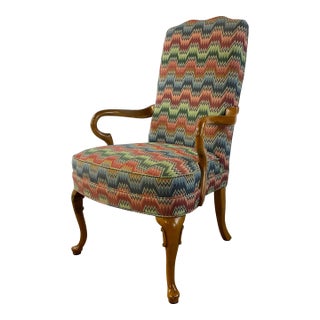 1980s Vintage Chippendale Queen Anne Thomasville Open Arm Side Chair, Flame Stitch Upholstery For Sale