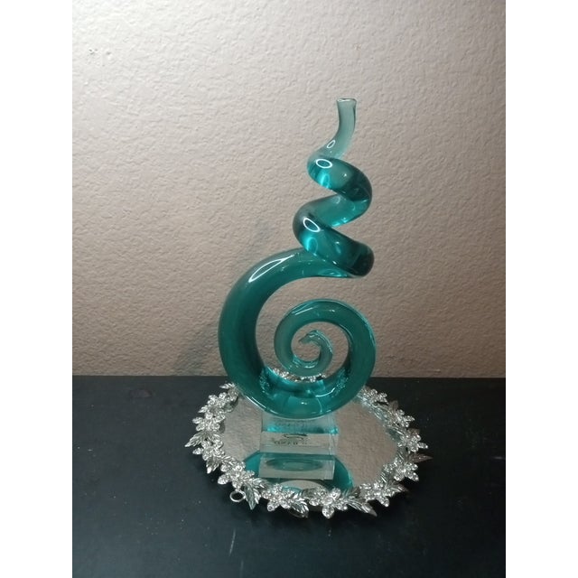 Exquisite Murano Italy Teal Art Glass Swirl Sculpture For Sale - Image 4 of 6