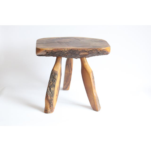 Brutalist Carved Wooden Tripod Stool with Bark, 1950s For Sale - Image 13 of 18
