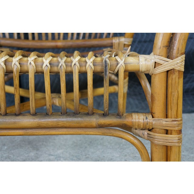 Pair Mid Century Modern Rattan Bamboo Armchairs Boho Sunburst Fan Back Chairs For Sale - Image 6 of 18