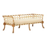 Rare T.H. Robsjohn Gibbings Bleached Walnut & Vellum Strap Sofa Settee For Sale