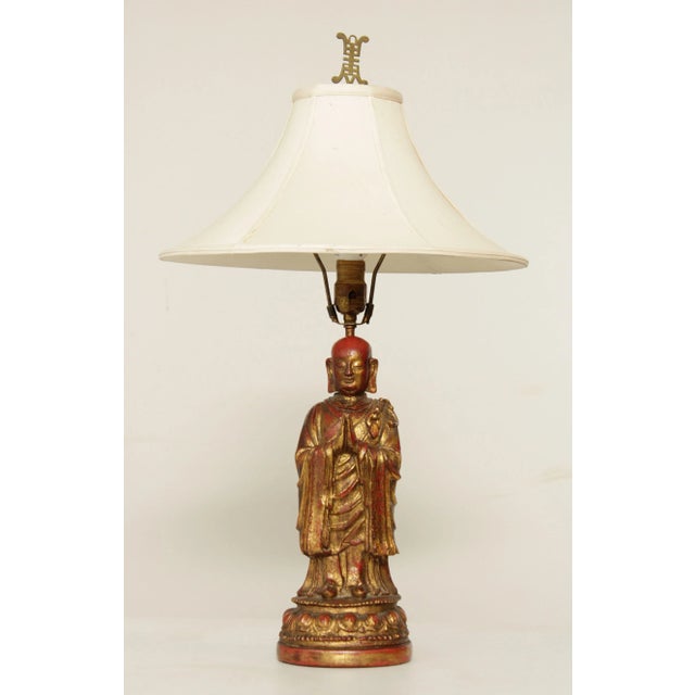 Vintage Red and Gold Paint Decorated Carved Resin Buddha Statue Table Lamp, Hands in Prayer, Custom Shade